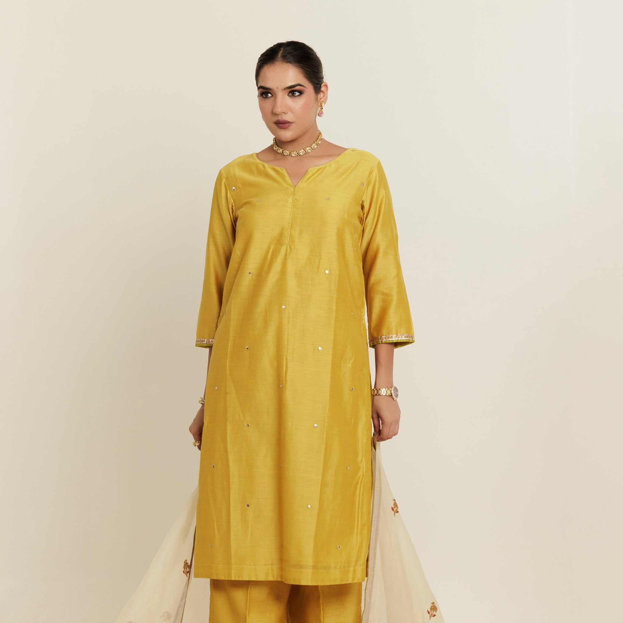 Sand Yellow Gota Patti Embroidered Chanderi Kurta Set