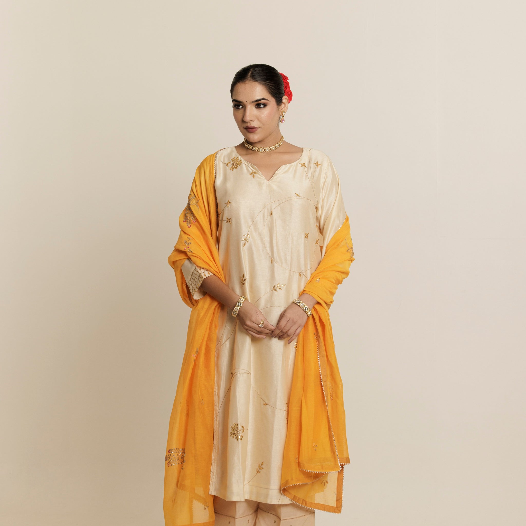 Ivory Gold Gota Patti Embroidered Chanderi Kurta Set
