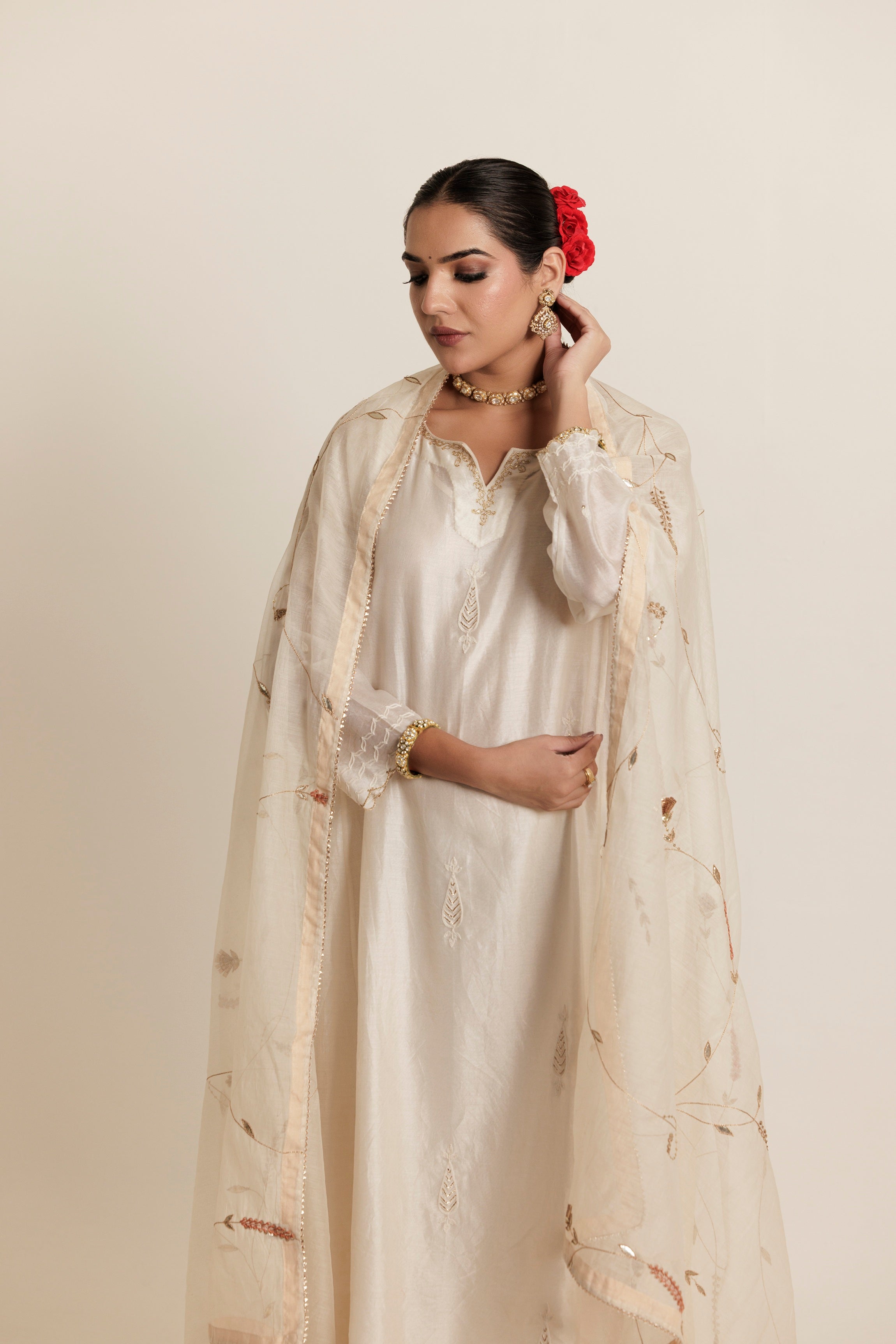 Ivory Hand Embroidered Gota Jaal Chanderi Dupatta