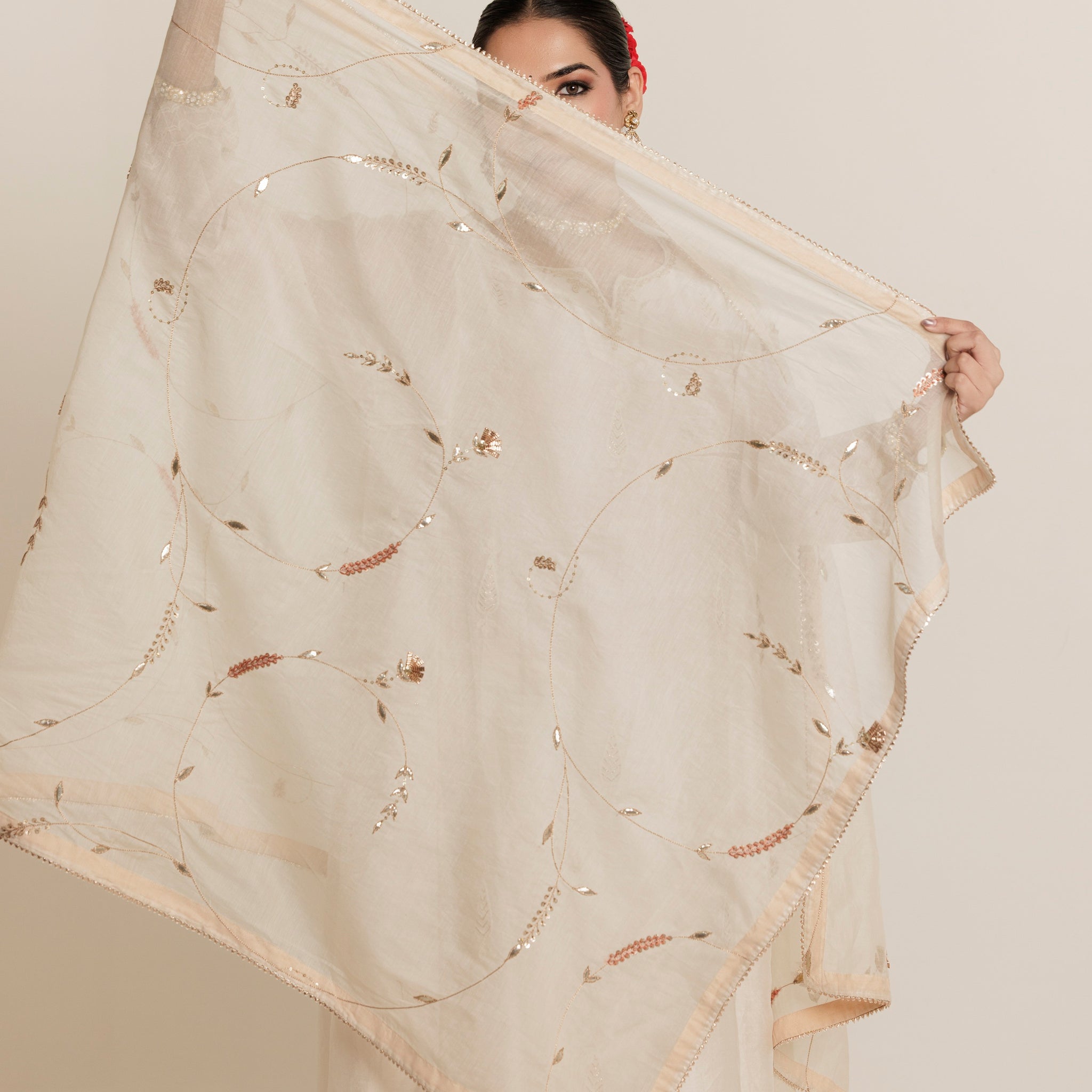 Ivory Hand Embroidered Gota Jaal Chanderi Dupatta