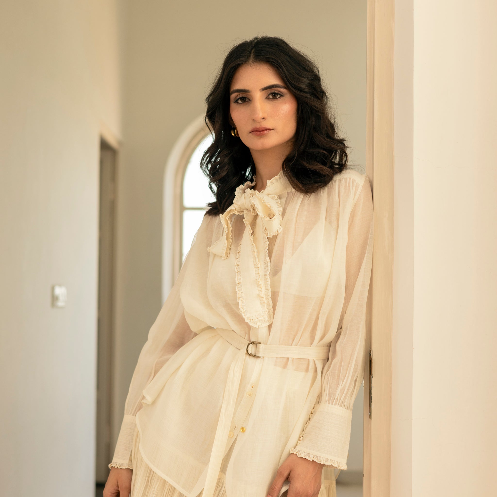 Victorian Frill Shirt with a Tie - Ivory Cotton Silk Sheer Blouse 