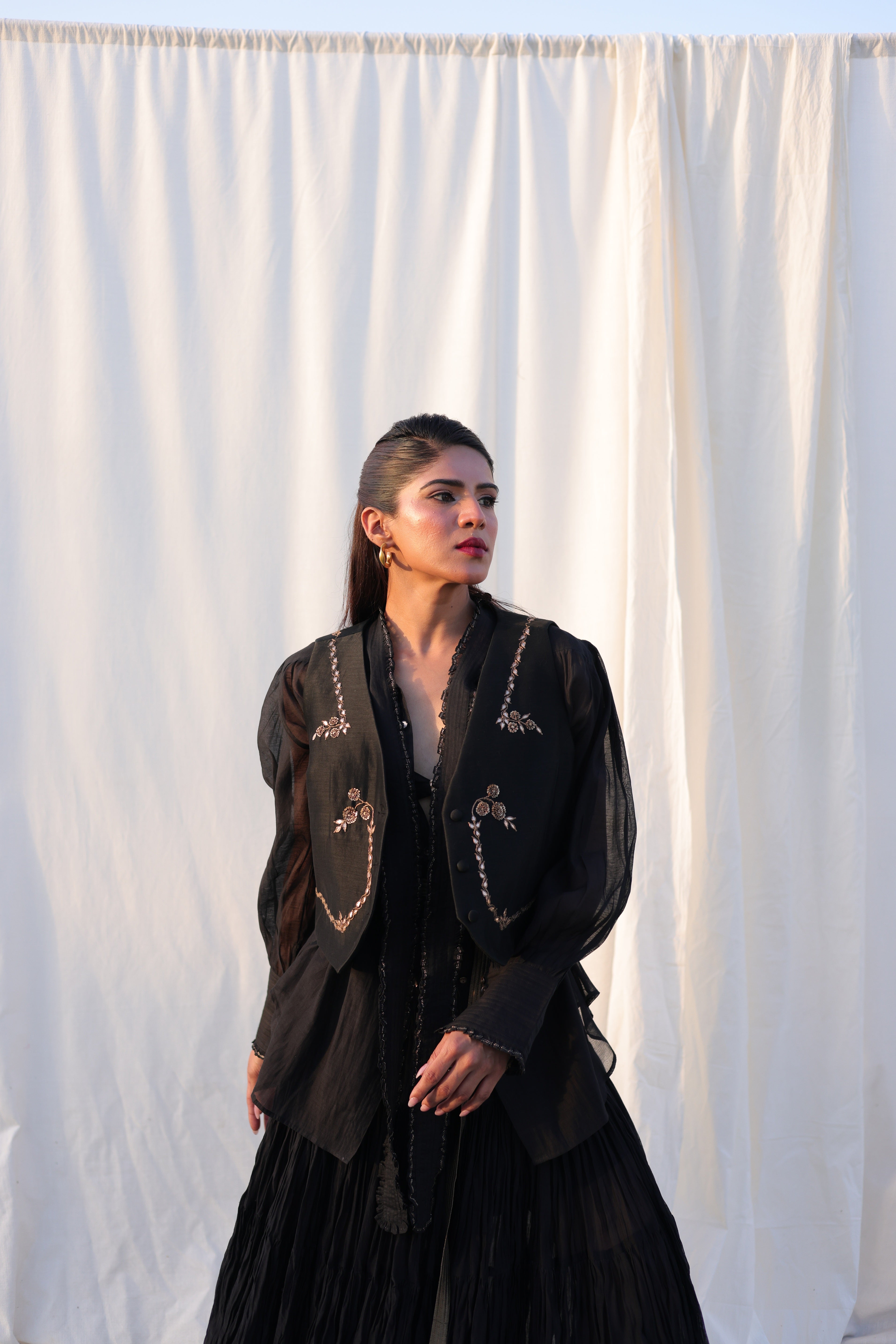 Victorian Frill Shirt with a Tie - Black Cotton Silk Sheer Blouse