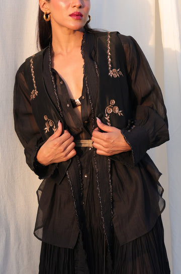 Victorian Frill Shirt with a Tie - Black Cotton Silk Sheer Blouse
