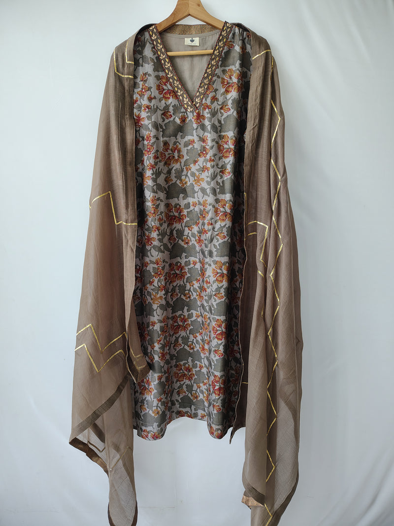 Floral Print Gota Patti Hand Embroidered Suit with Dupatta