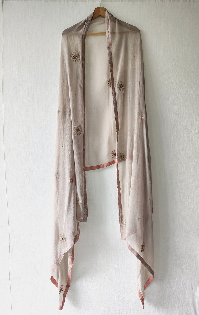 Light Grey Festive Floral Hand Embroidered Gota Patti Dupatta