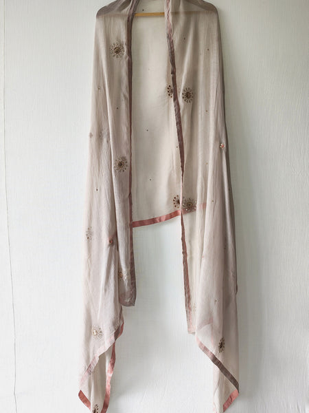 Light Grey Festive Floral Hand Embroidered Gota Patti Dupatta
