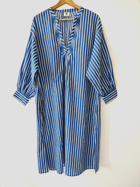 Blue Stripes Relaxed Fit Cotton Dress Midi