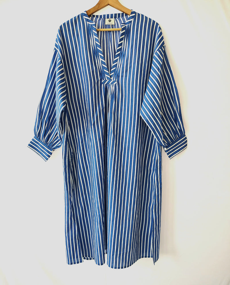 Blue Stripes Relaxed Fit Cotton Dress Midi