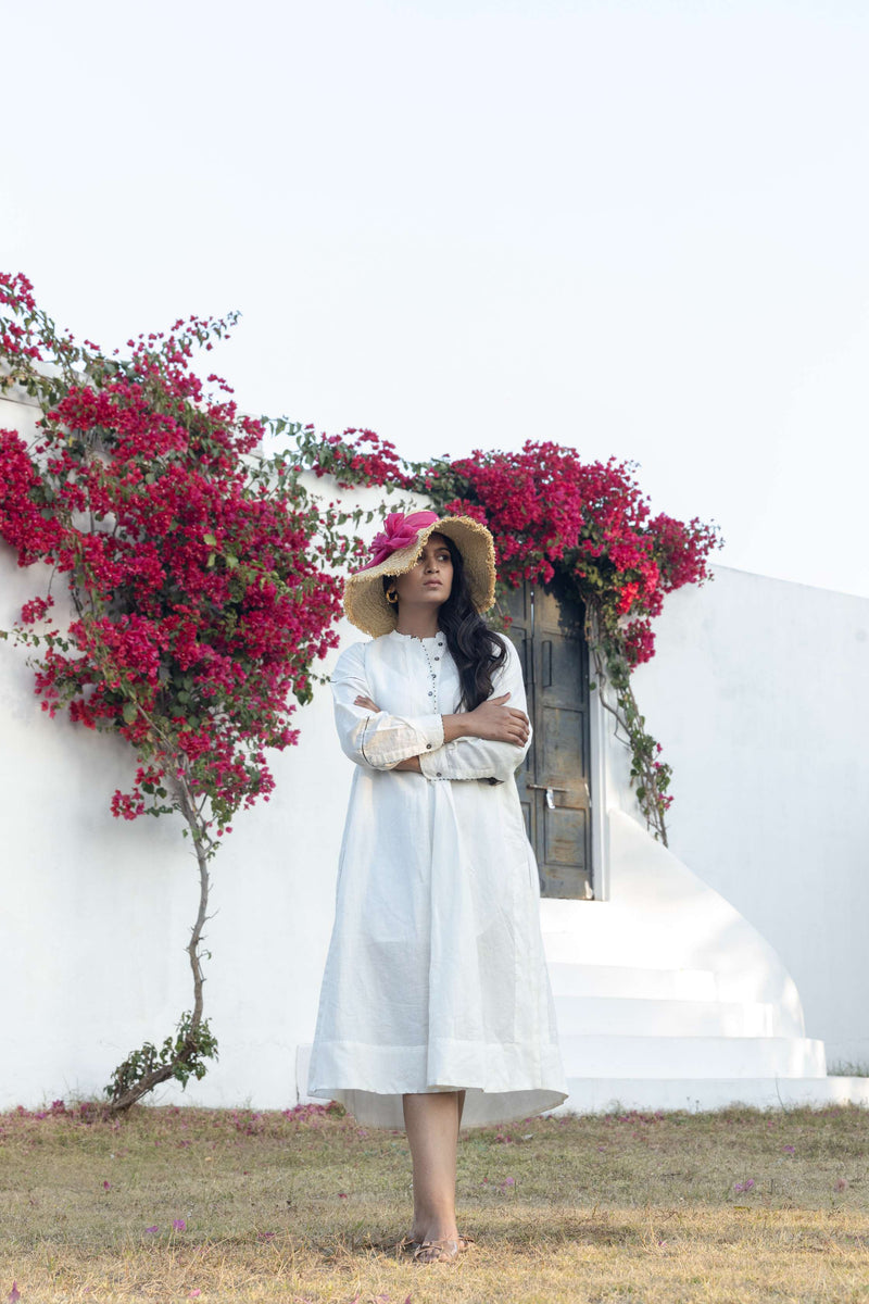 White Cotton Linen Midi Dress with Hand Embroidery Detail