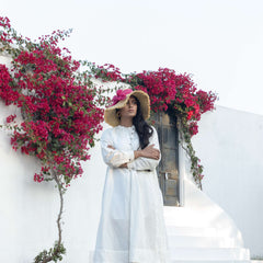 White Cotton Linen Midi Dress with Hand Embroidery Detail