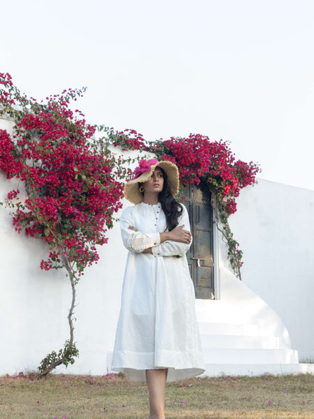 White Cotton Linen Midi Dress with Hand Embroidery Detail