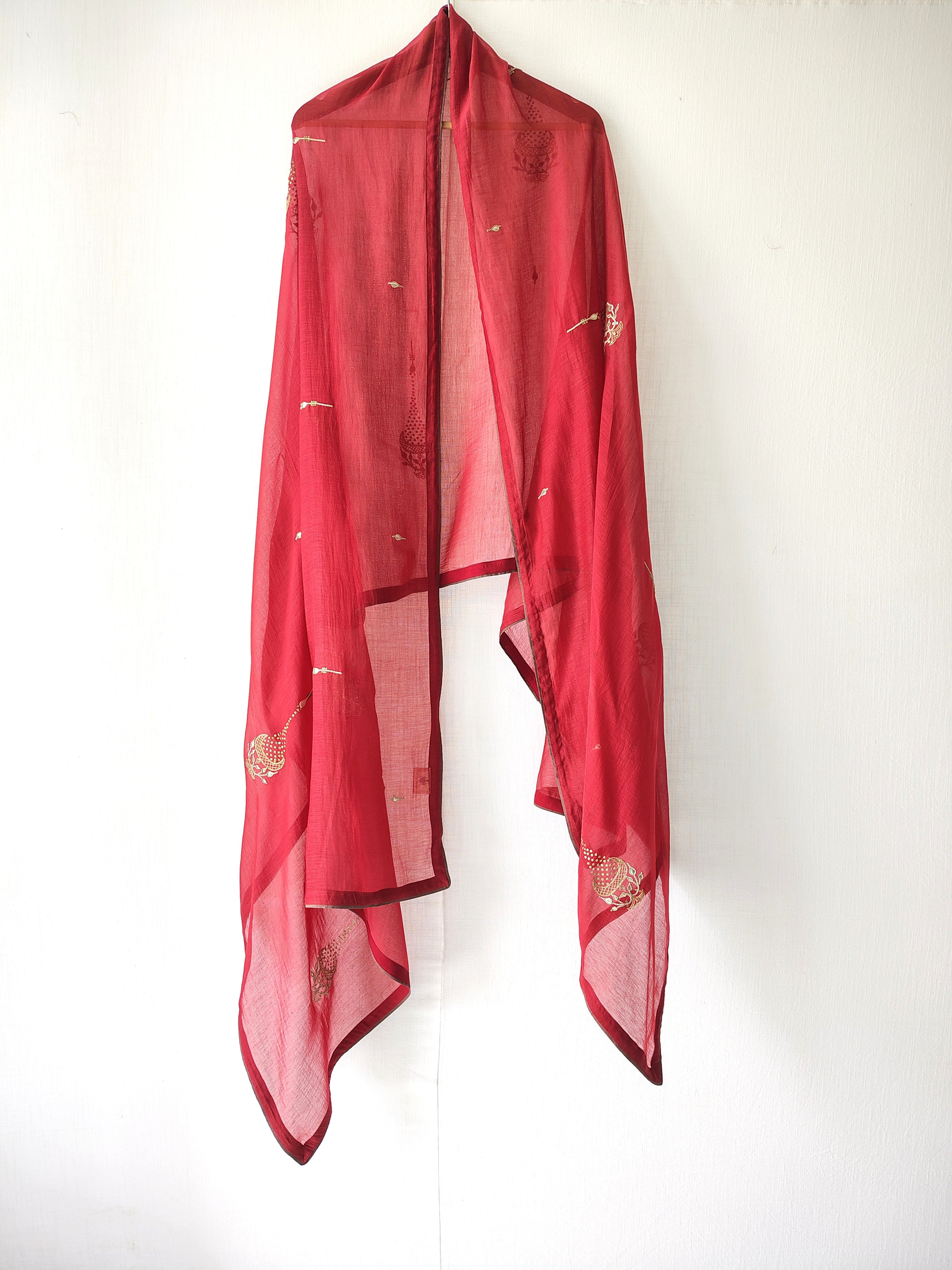 Rust-Gold Hand Embroidered Chanderi Sequins Dupatta