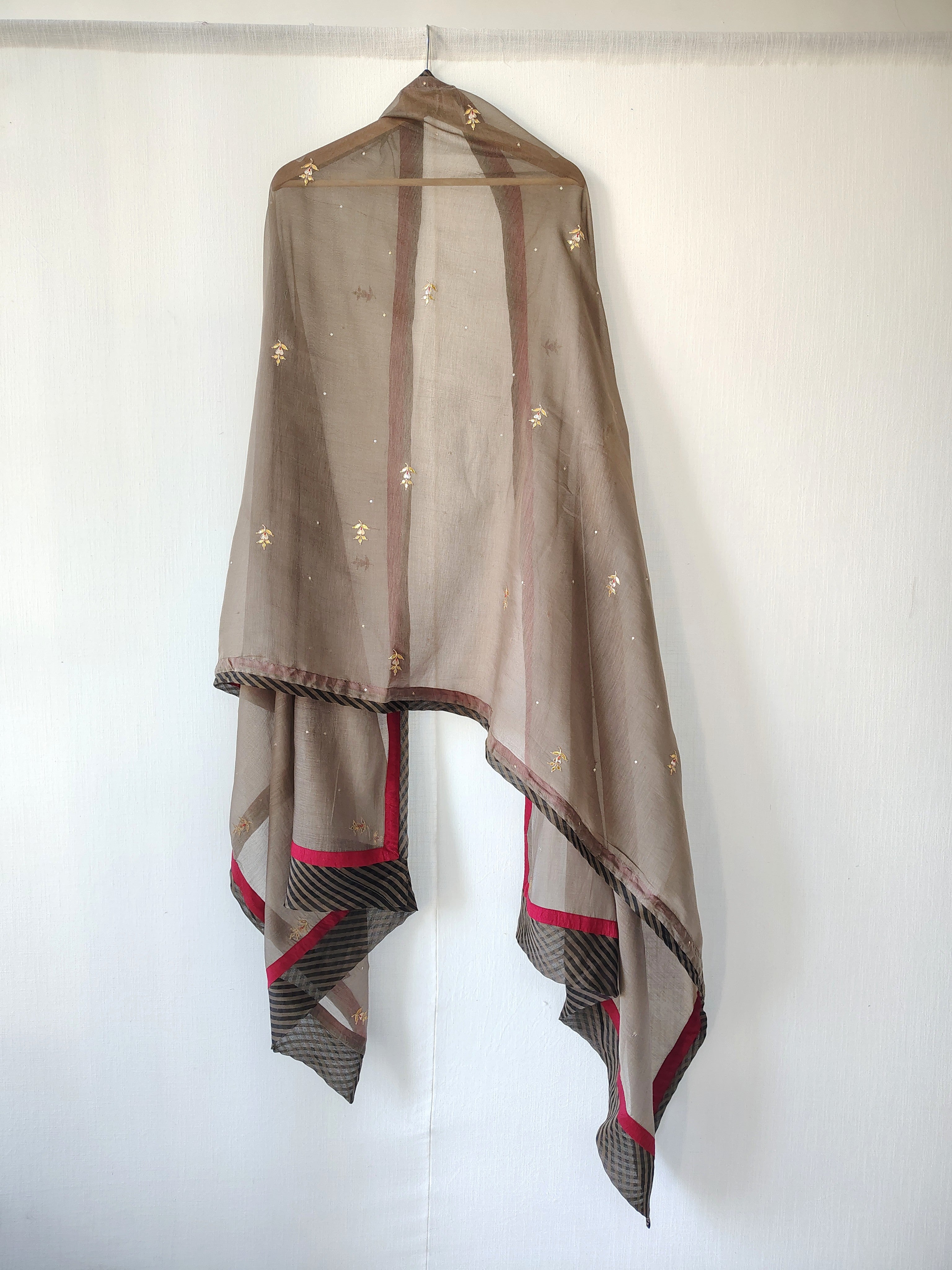 Grey Embroidered Gota-Patti Cotton Silk Dupatta with Border