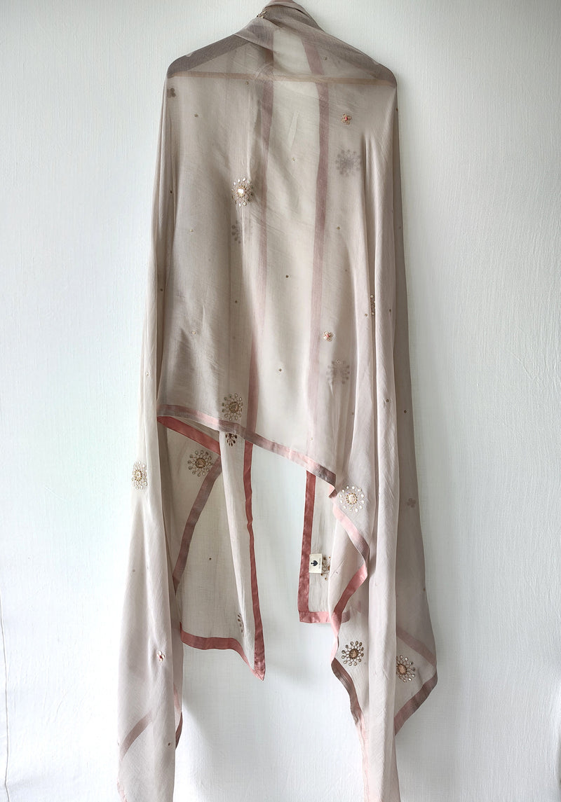 Light Grey Festive Floral Hand Embroidered Gota Patti Dupatta