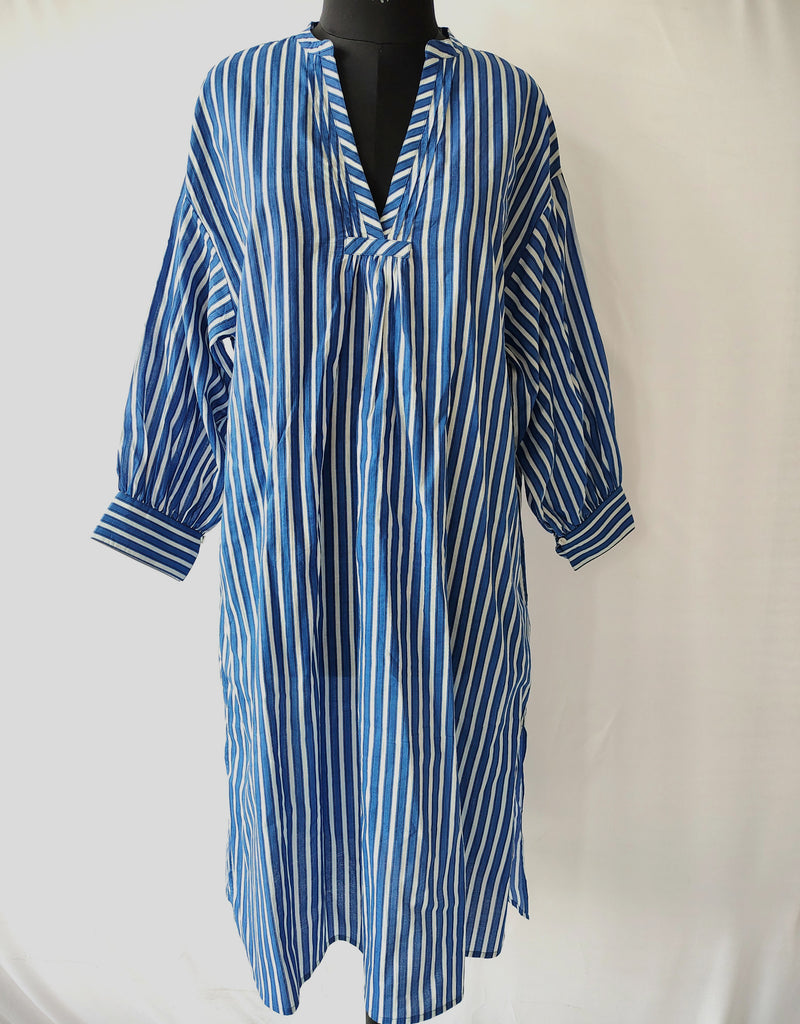 Blue Stripes Relaxed Fit Cotton Dress Midi