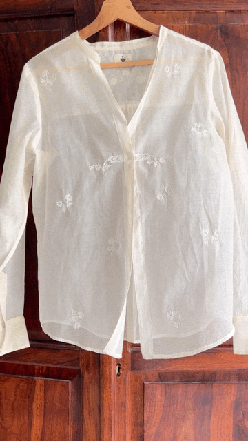 Natural White Hand Embroidered Floral Sheer Shirt
