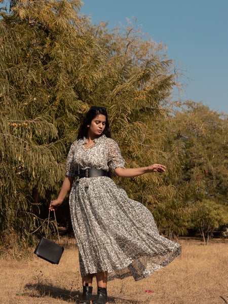 Black & White Long Flared Chanderi Maxi Dress