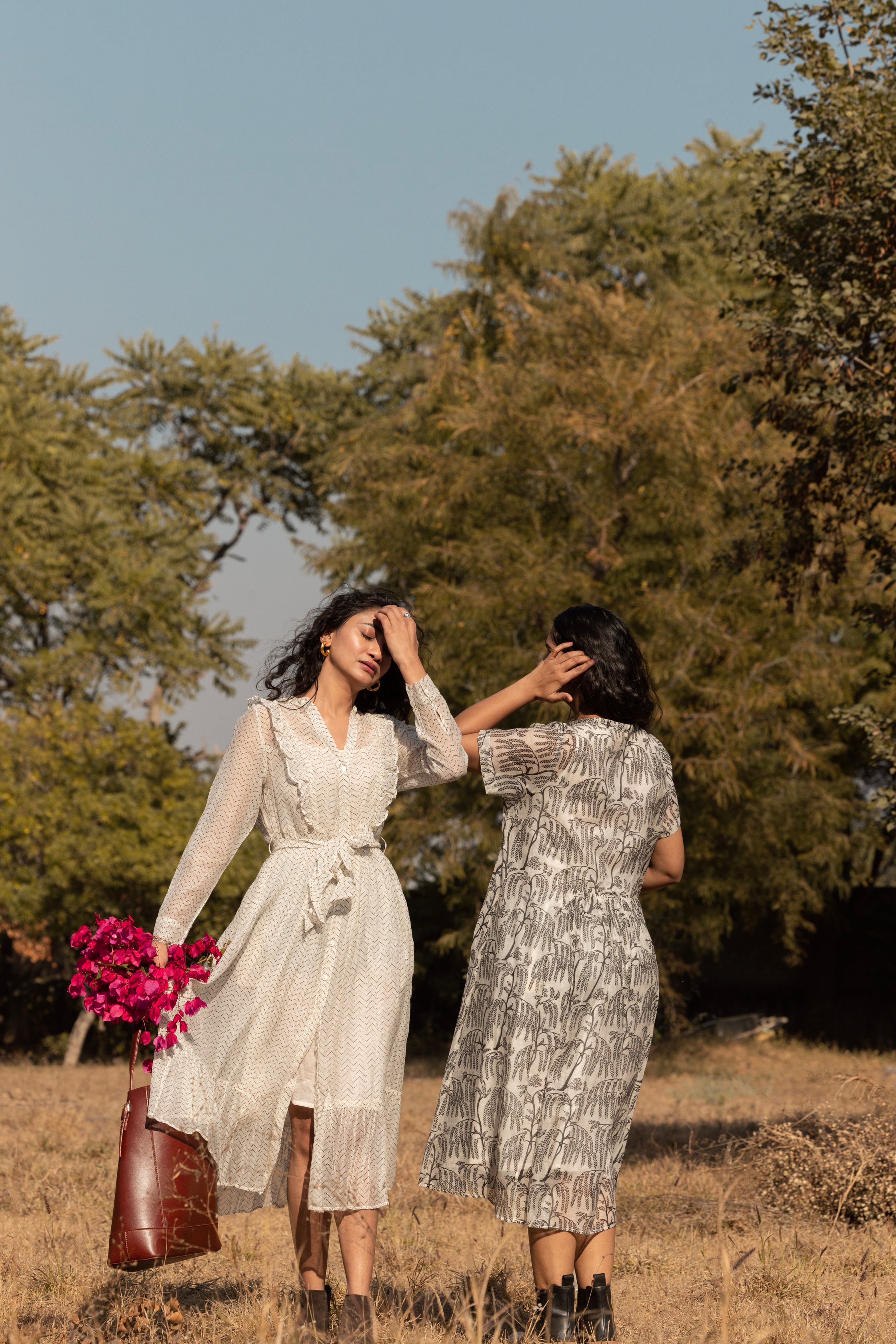 Chevron Chanderi Tiered Dress Midi with Frilled Neckline