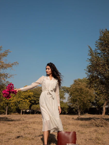 Printed Chanderi Frilled Midi Dress