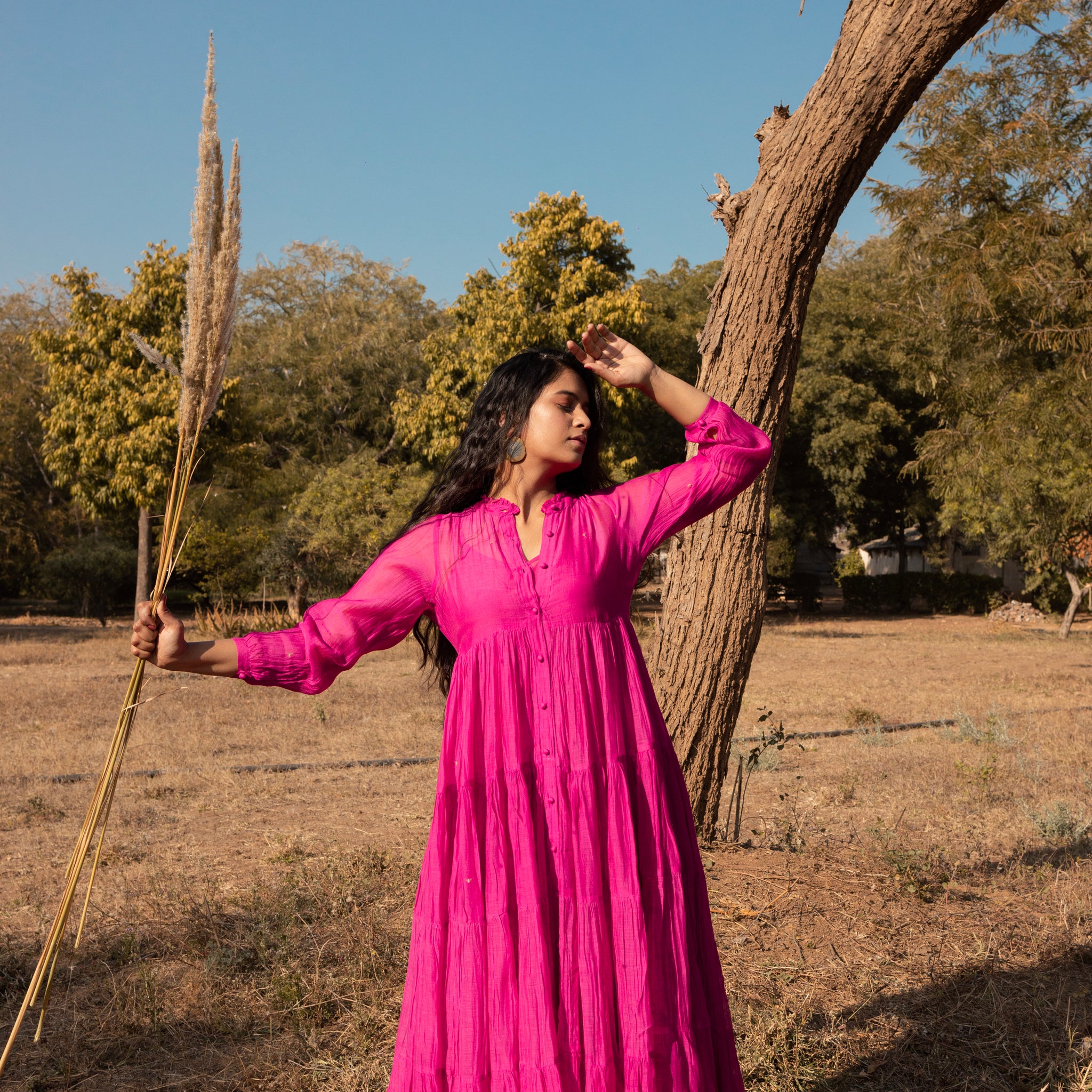 Hirni Tiered Long Chanderi Maxi Dress