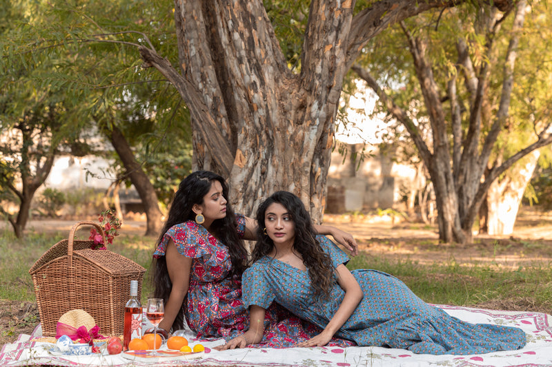 Floral Block Printed Cotton Maxi Tiered Dress