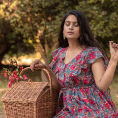 Floral Block Printed Cotton Maxi Tiered Dress