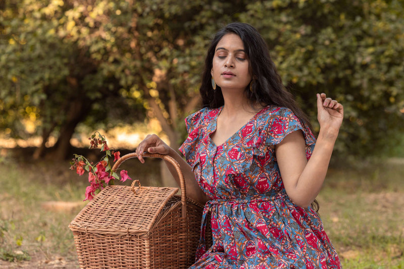Floral Block Printed Cotton Maxi Tiered Dress