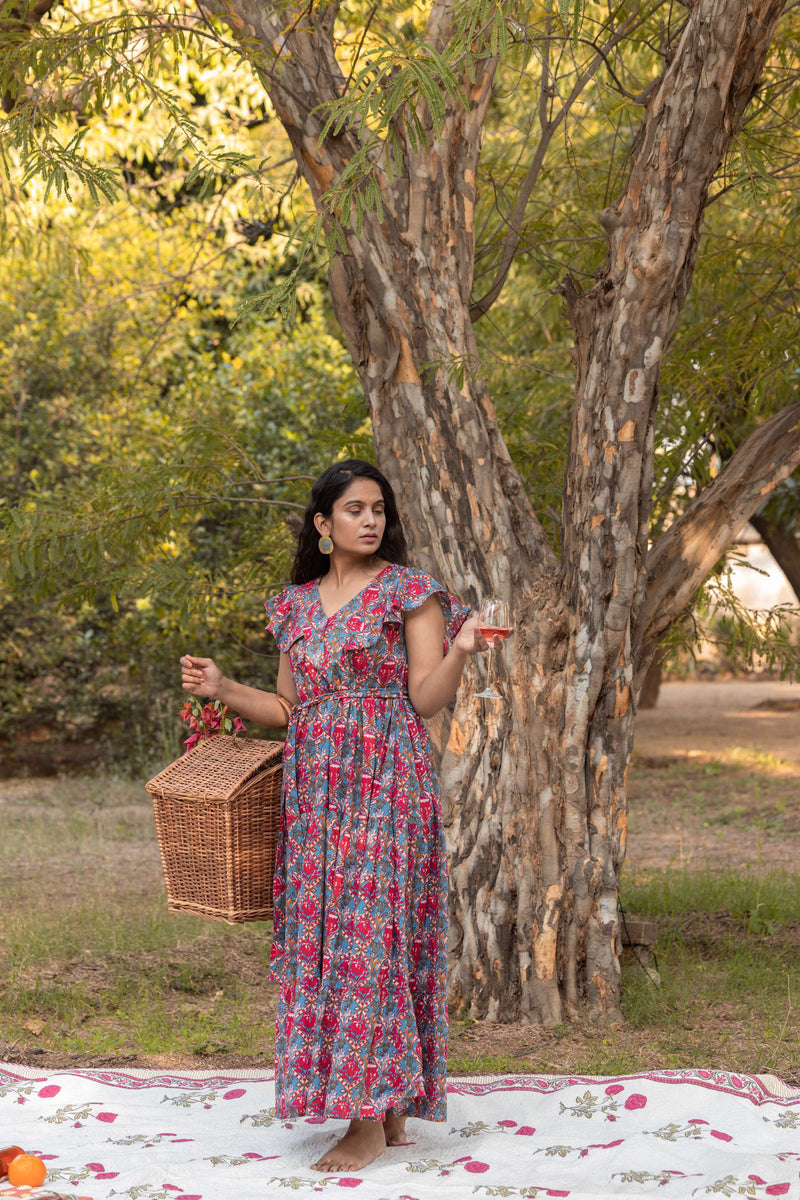 Floral Block Printed Cotton Maxi Tiered Dress