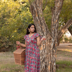 Floral Block Printed Cotton Maxi Tiered Dress