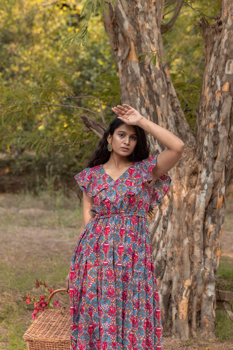 Floral Block Printed Cotton Maxi Tiered Dress