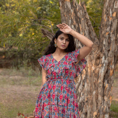 Floral Block Printed Cotton Maxi Tiered Dress