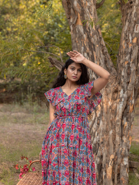 Floral Block Printed Cotton Maxi Tiered Dress