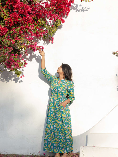 Turquoise Tropical Kantha Embroidery Maxi Dress