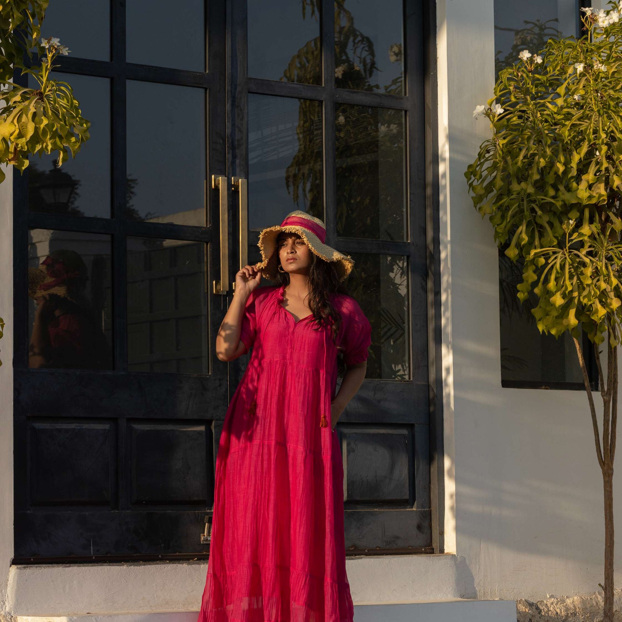 Pink Nazneen Chanderi Tiered Long Dress
