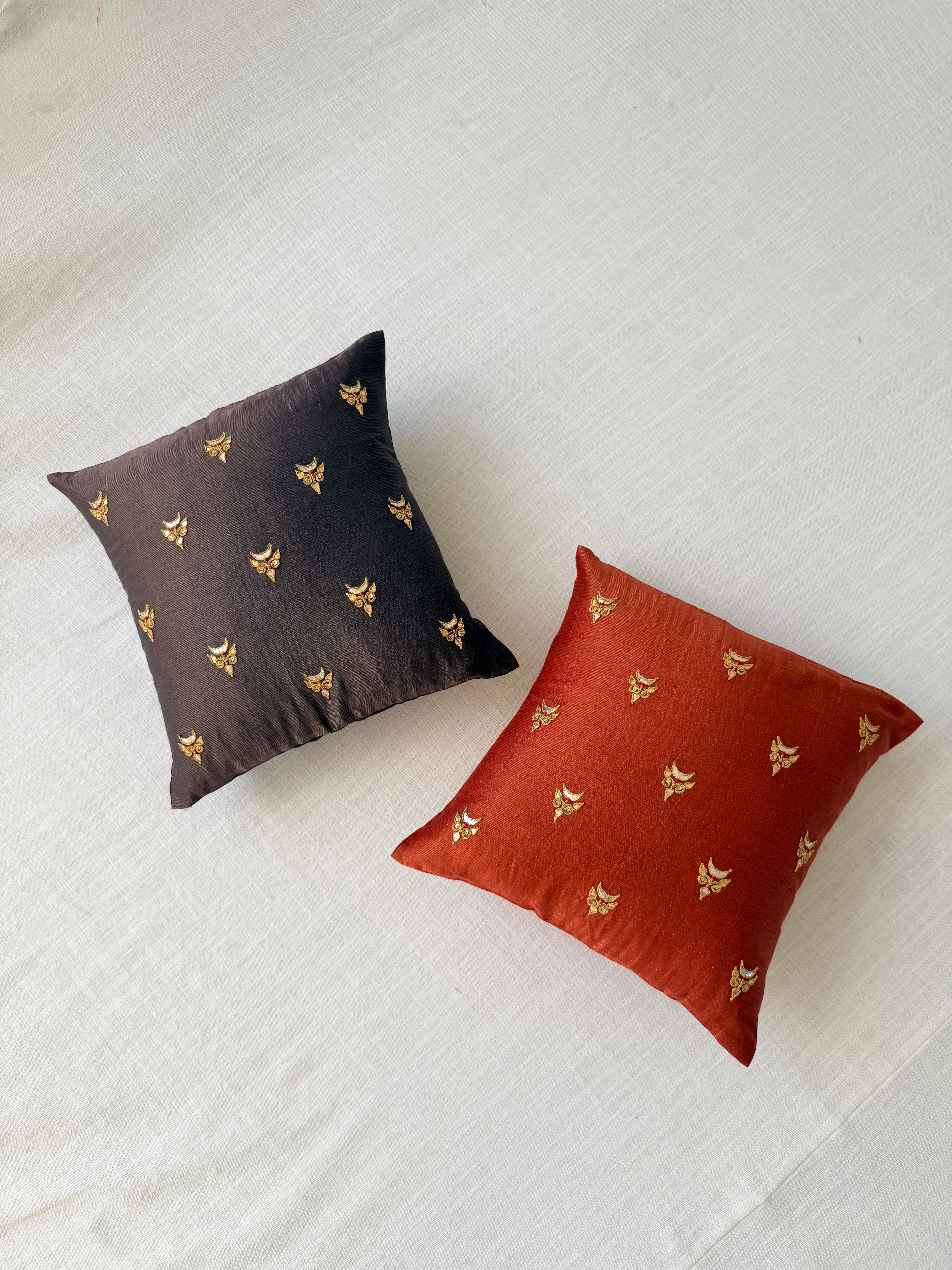 Taupe tissue Hand Embroidered GotaPatti Cotton Silk Cushion Cover