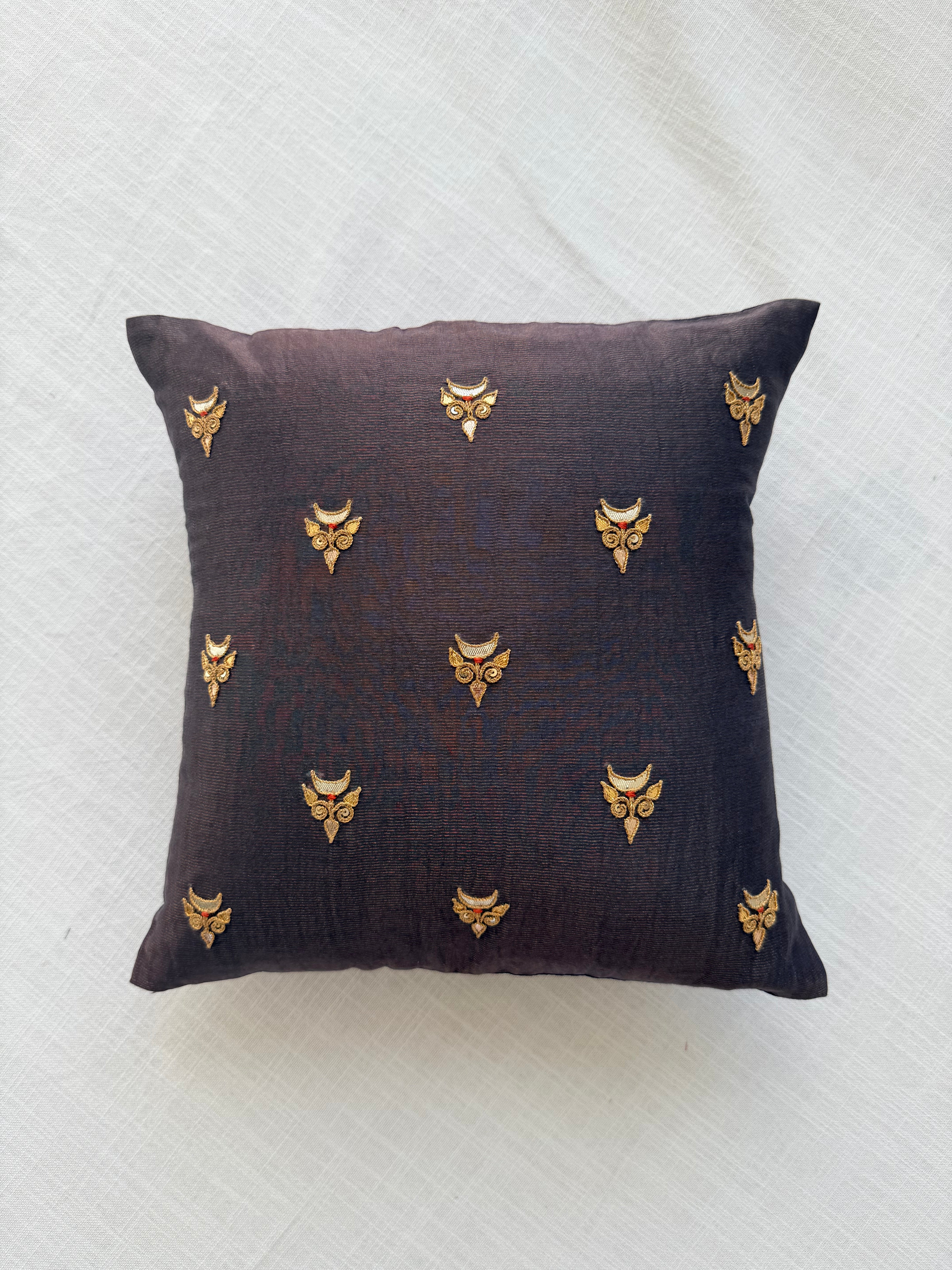 Taupe tissue Hand Embroidered GotaPatti Cotton Silk Cushion Cover