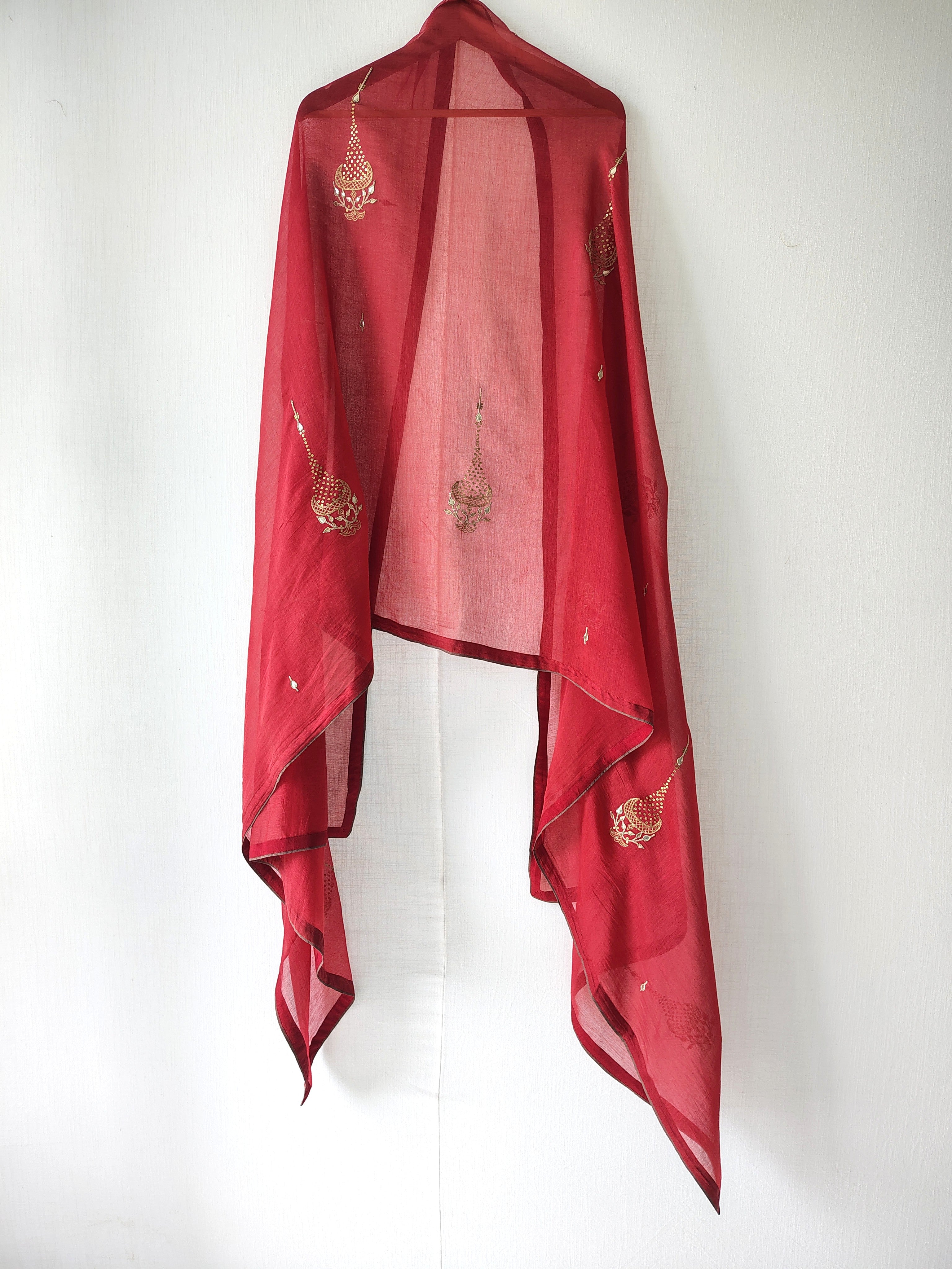 Rust-Gold Hand Embroidered Chanderi Sequins Dupatta