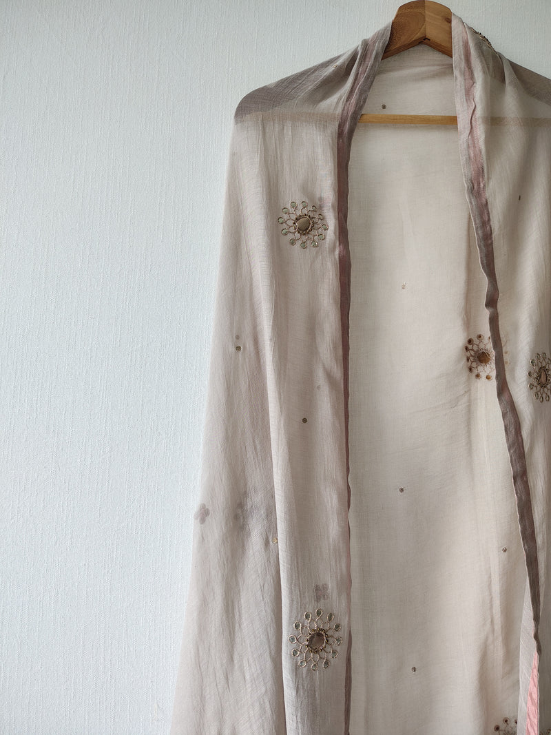 Light Grey Festive Floral Hand Embroidered Gota Patti Dupatta