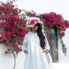 White Cotton Linen Midi Dress with Hand Embroidery Detail