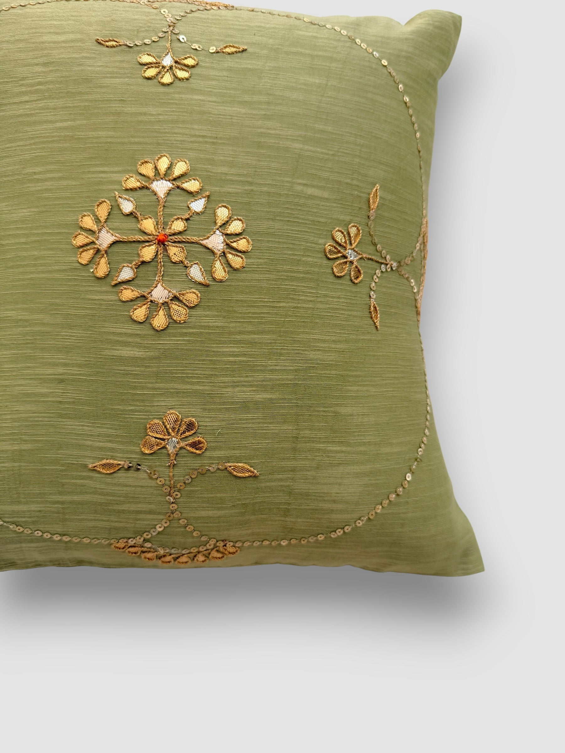 Sage green Gotapatti Cushion Cover