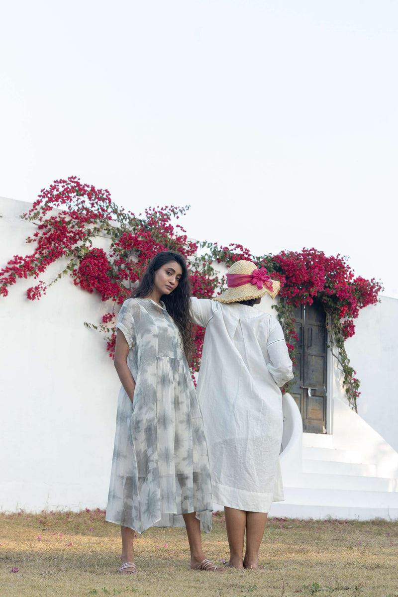 White Cotton Linen Midi Dress with Hand Embroidery Detail