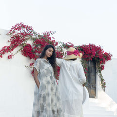 White Cotton Linen Midi Dress with Hand Embroidery Detail
