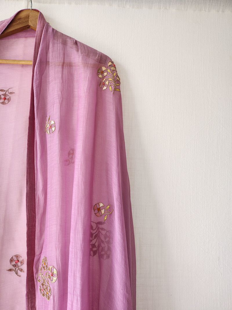 Festive Lavender Floral Hand Embroidered Gota Patti Dupatta