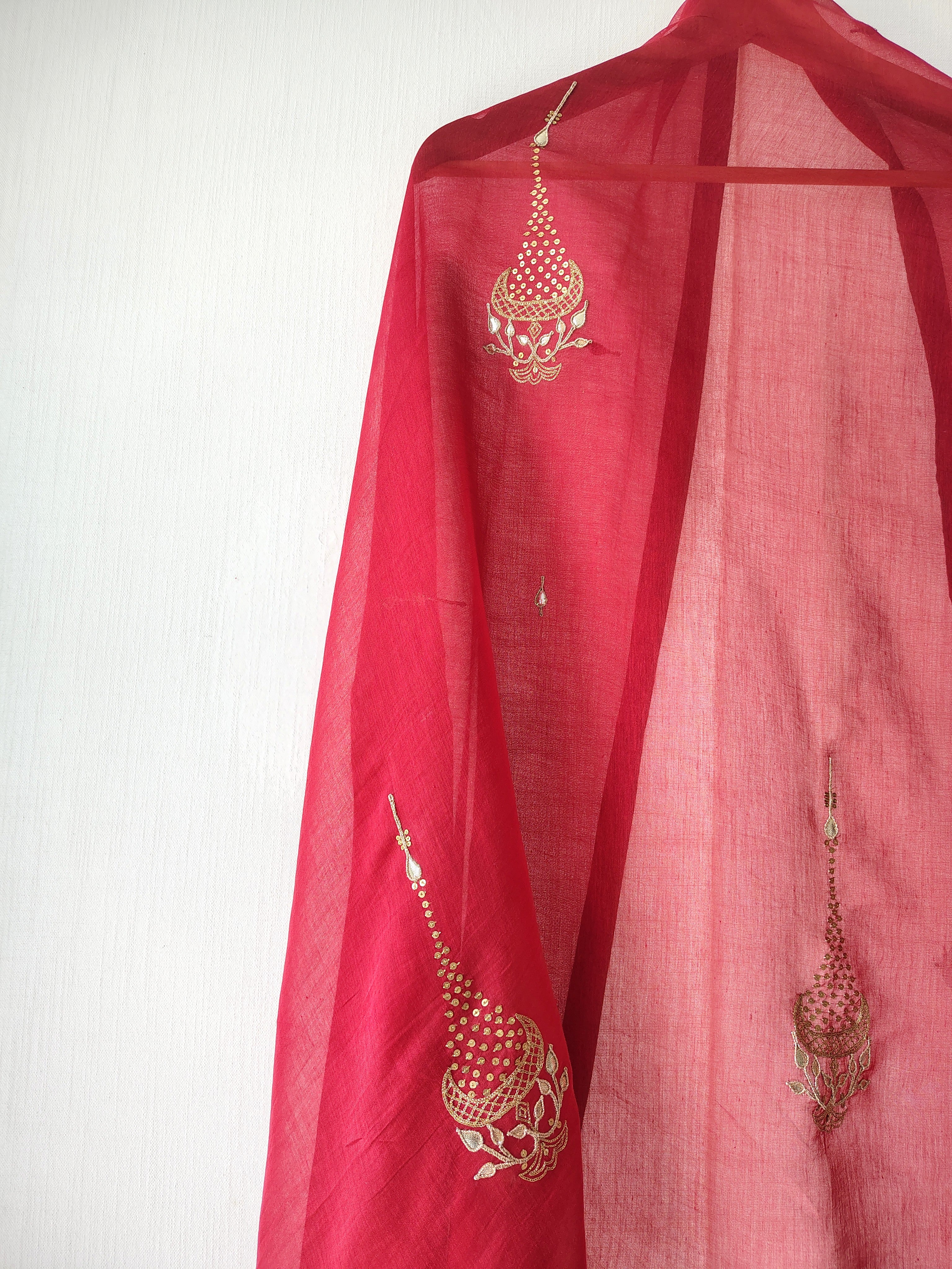 Rust-Gold Hand Embroidered Chanderi Sequins Dupatta