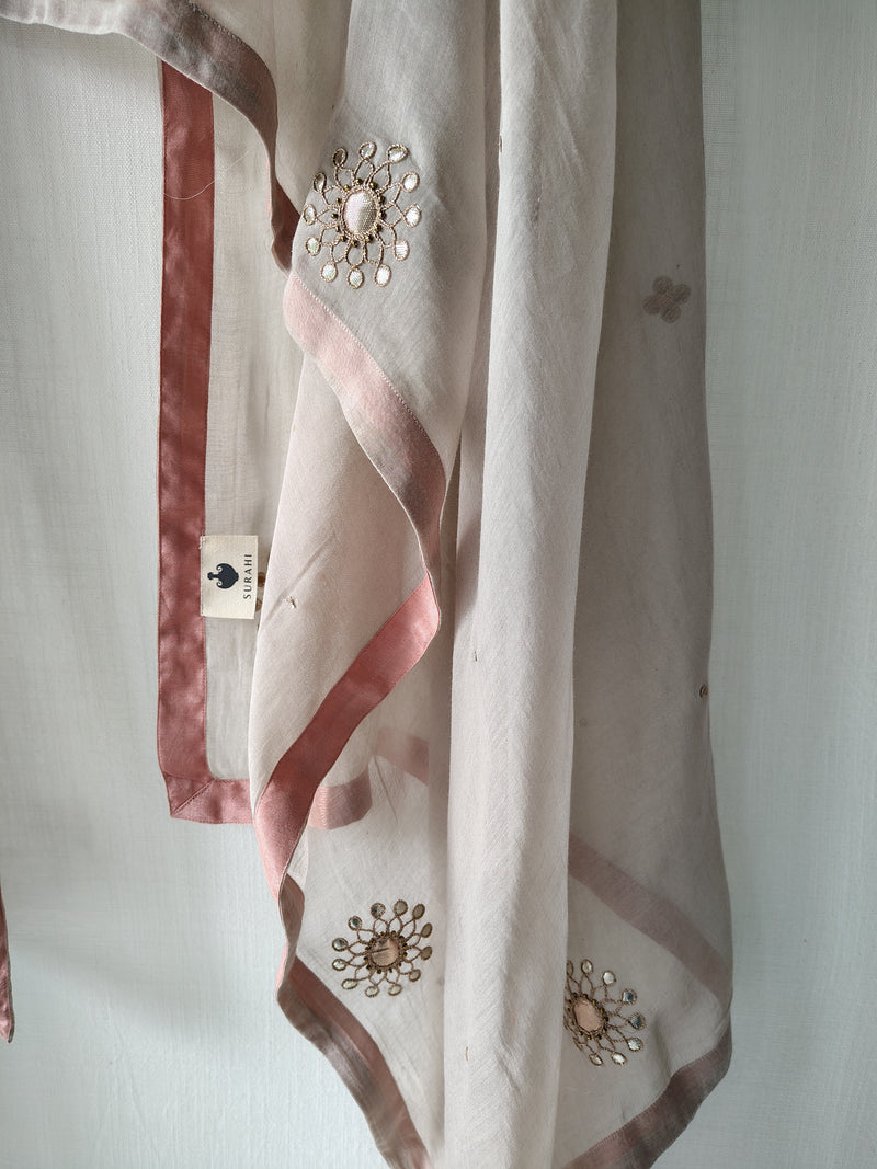 Light Grey Festive Floral Hand Embroidered Gota Patti Dupatta