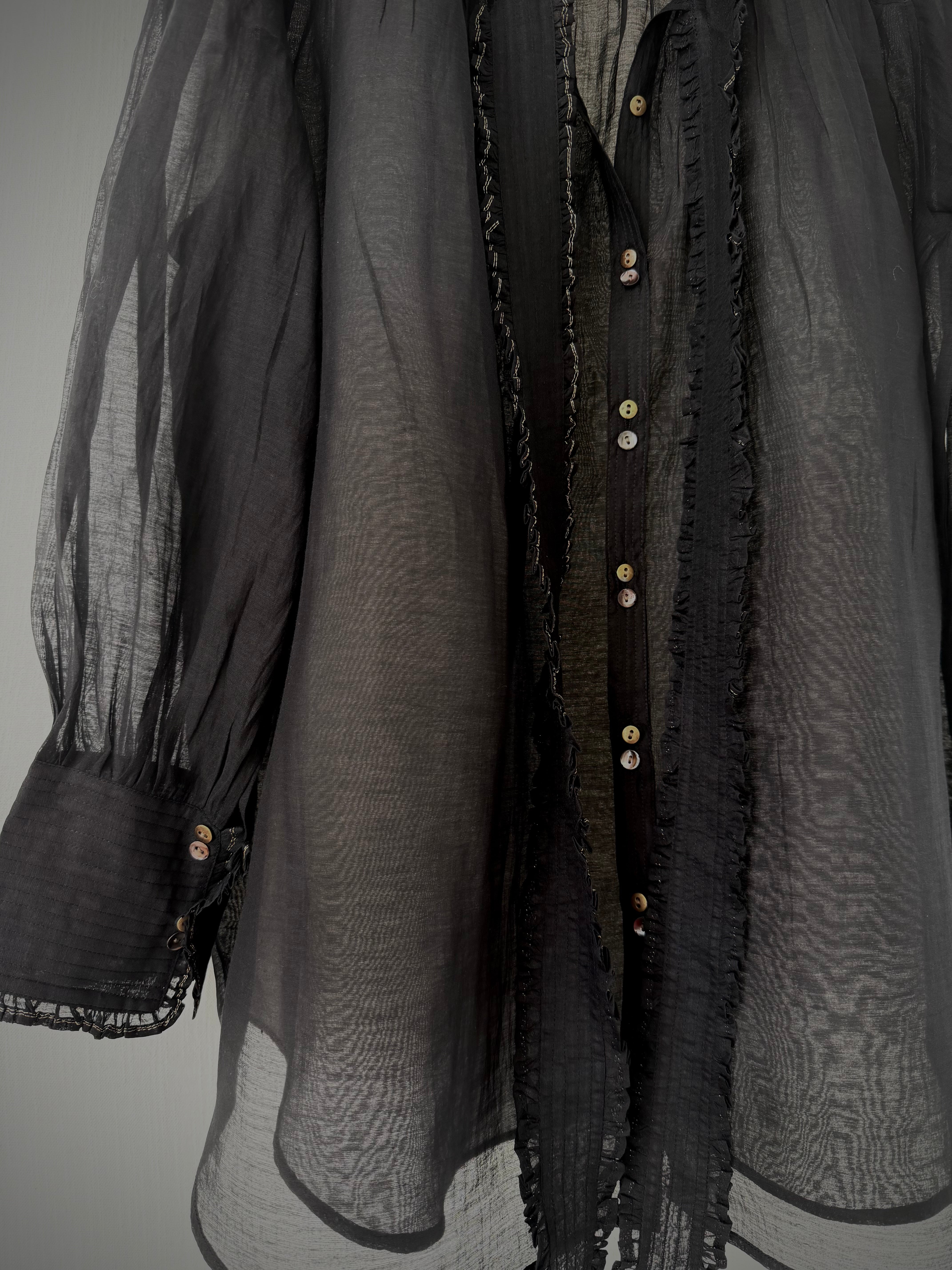 Victorian Frill Shirt with a Tie - Black Cotton Silk Sheer Blouse