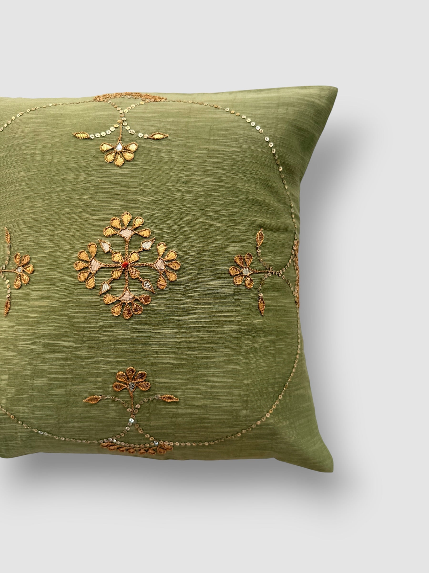 Sage green Gotapatti Cushion Cover