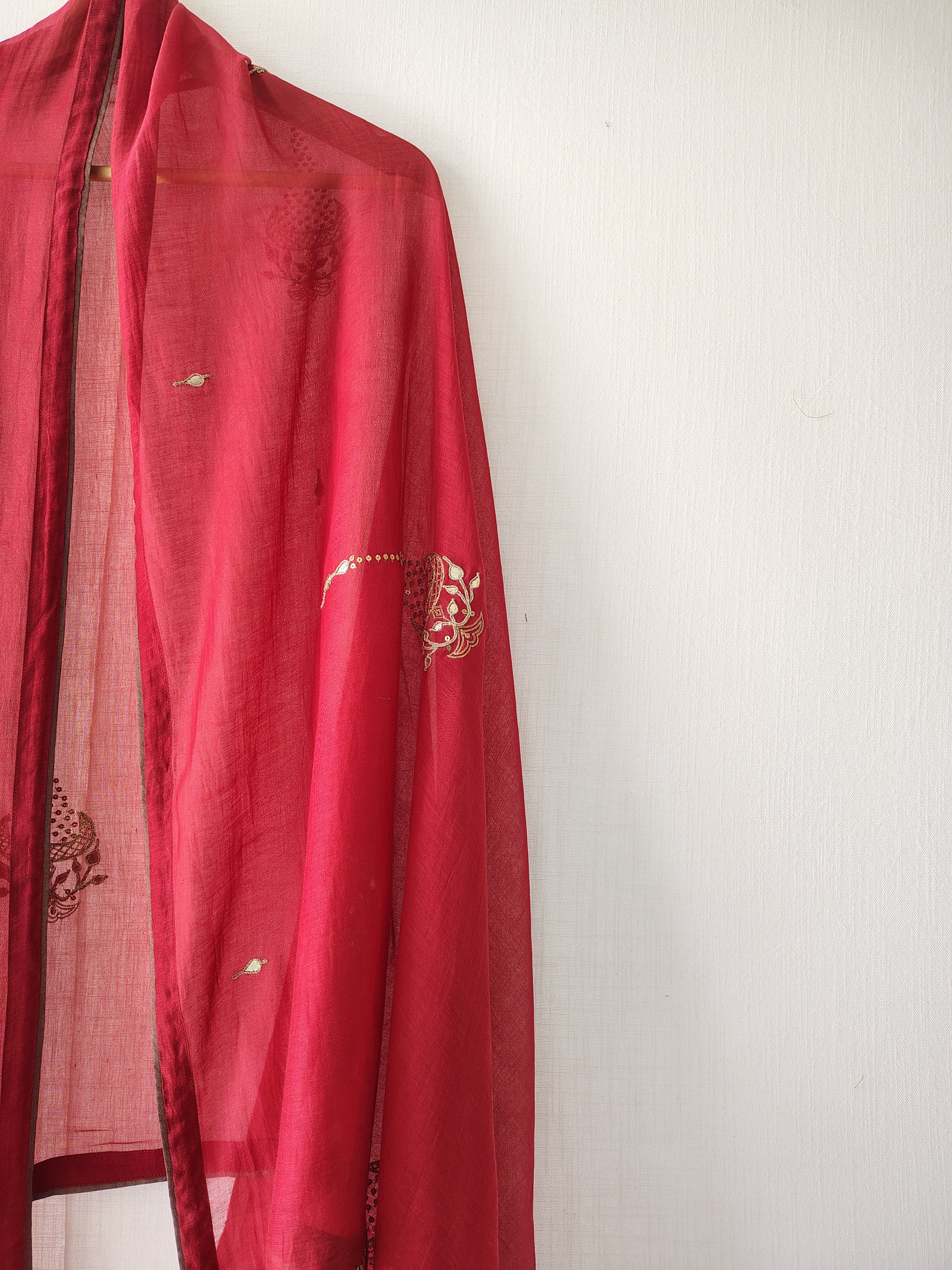 Rust-Gold Hand Embroidered Chanderi Sequins Dupatta