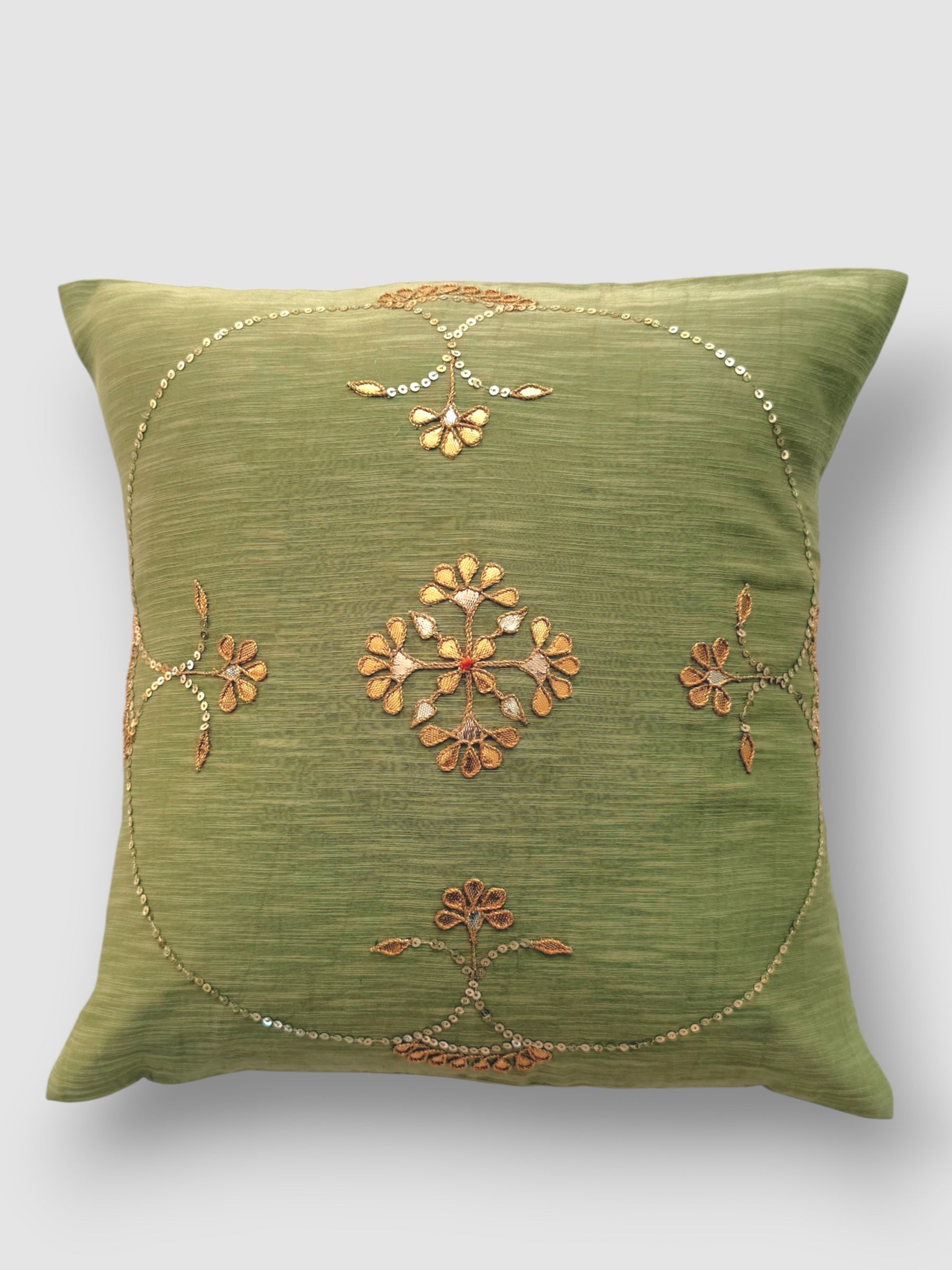 Sage green Gotapatti Cushion Cover
