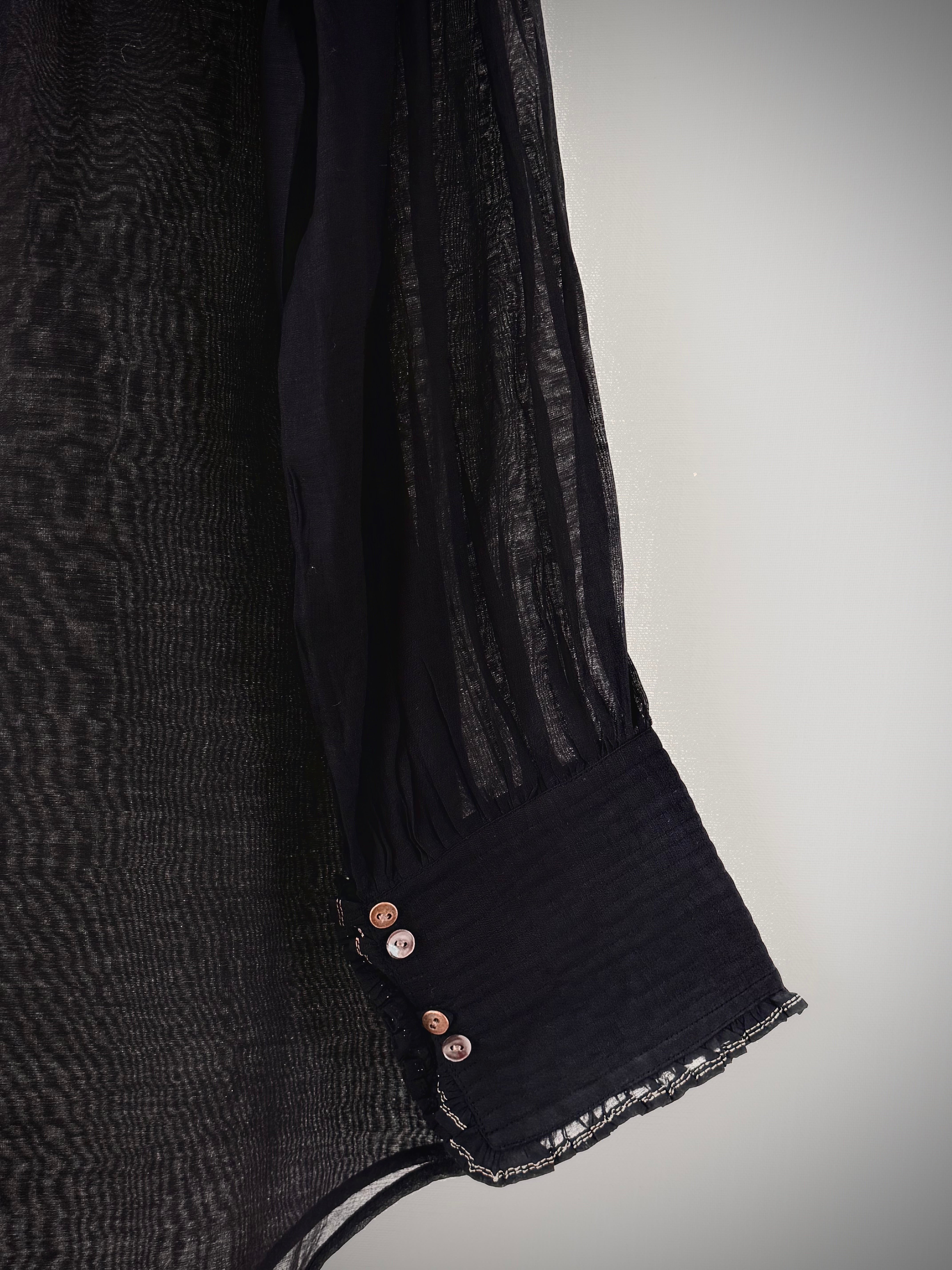 Victorian Frill Shirt with a Tie - Black Cotton Silk Sheer Blouse